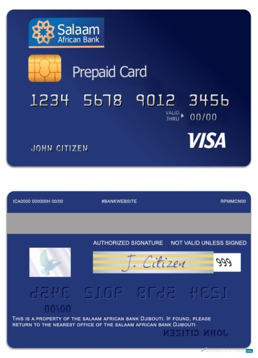 Download Djibouti The Salaam African bank visa prepaid card Photoshop template